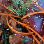 Crispy fried chicken with cranberry jelly, carrots and rosemary garnish