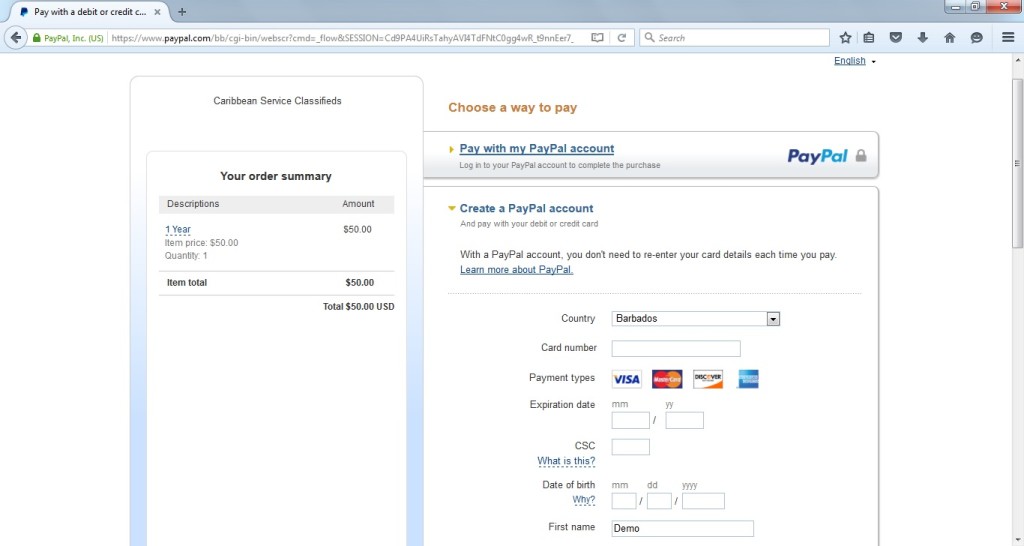 PayPal payment page 1