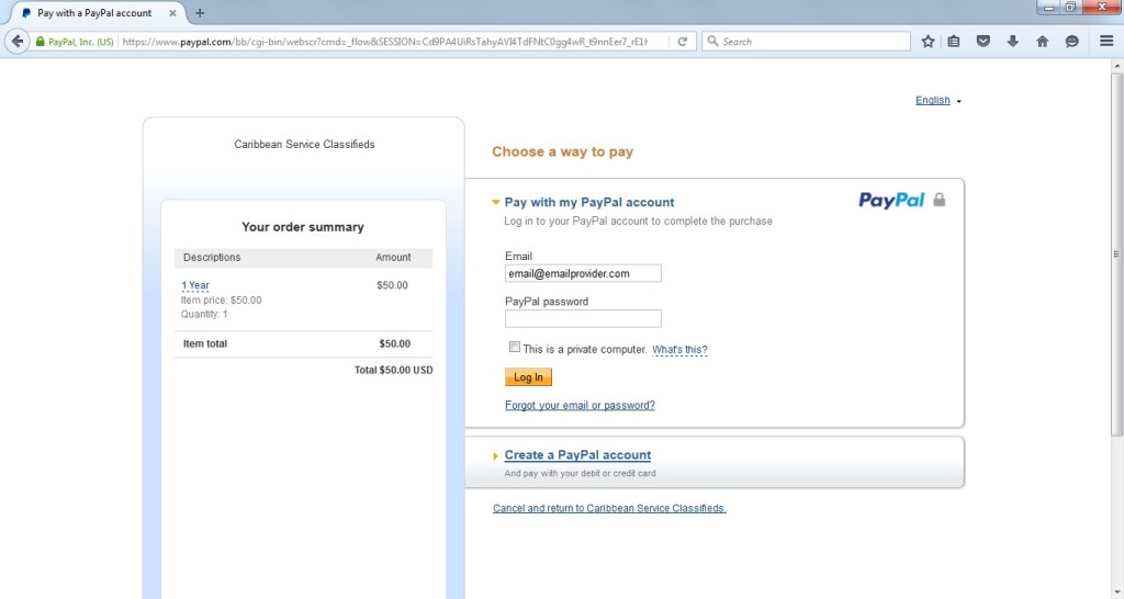 PayPal payment page via PayPal Account